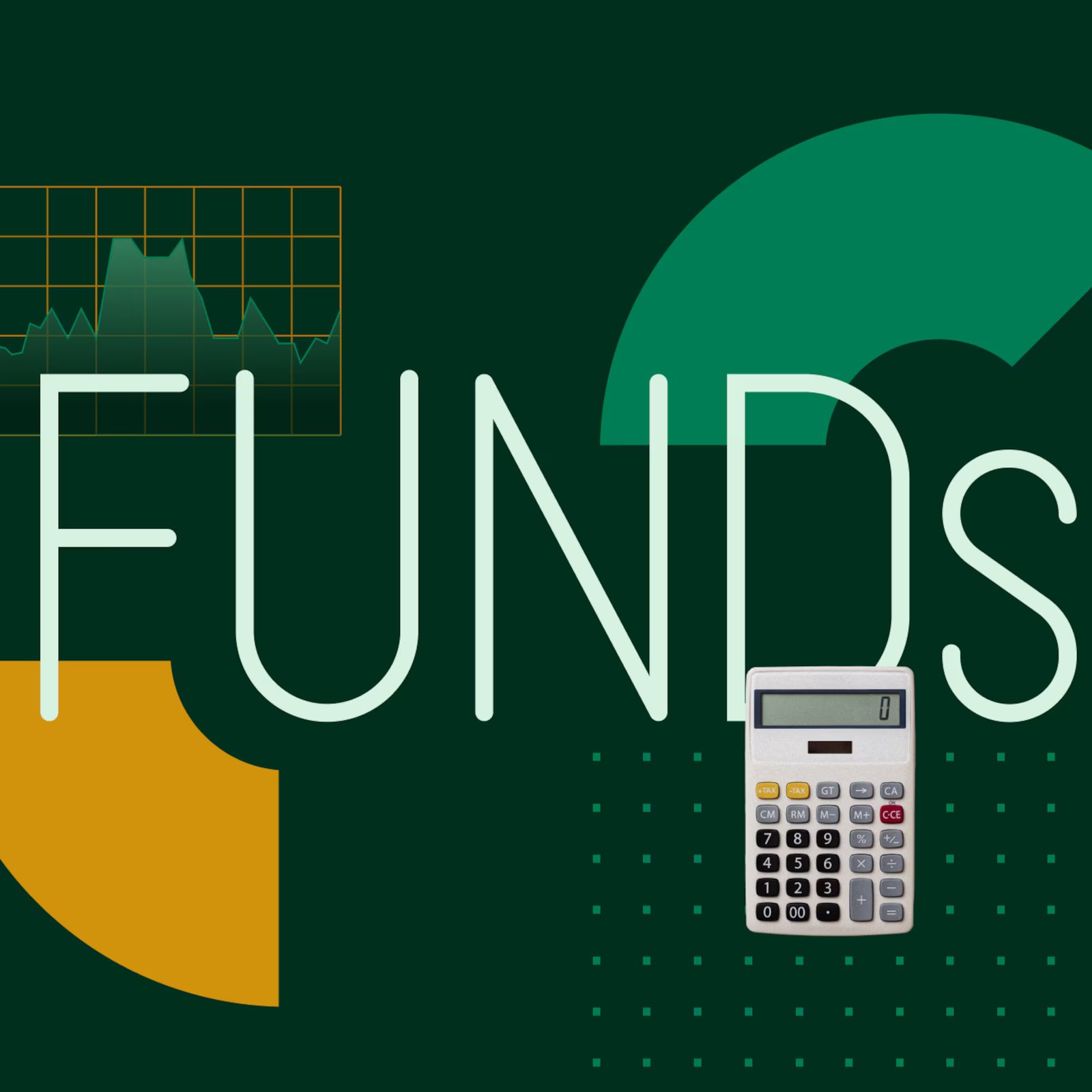 Collage illustration with the text "Funds" at the center and a portfolio and graphical elements in the background.