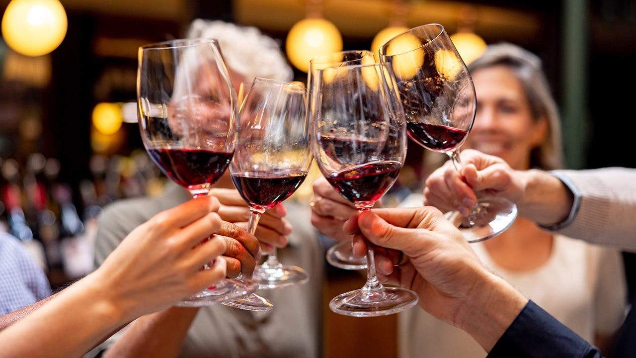 A group of people cheers glasses of wine.