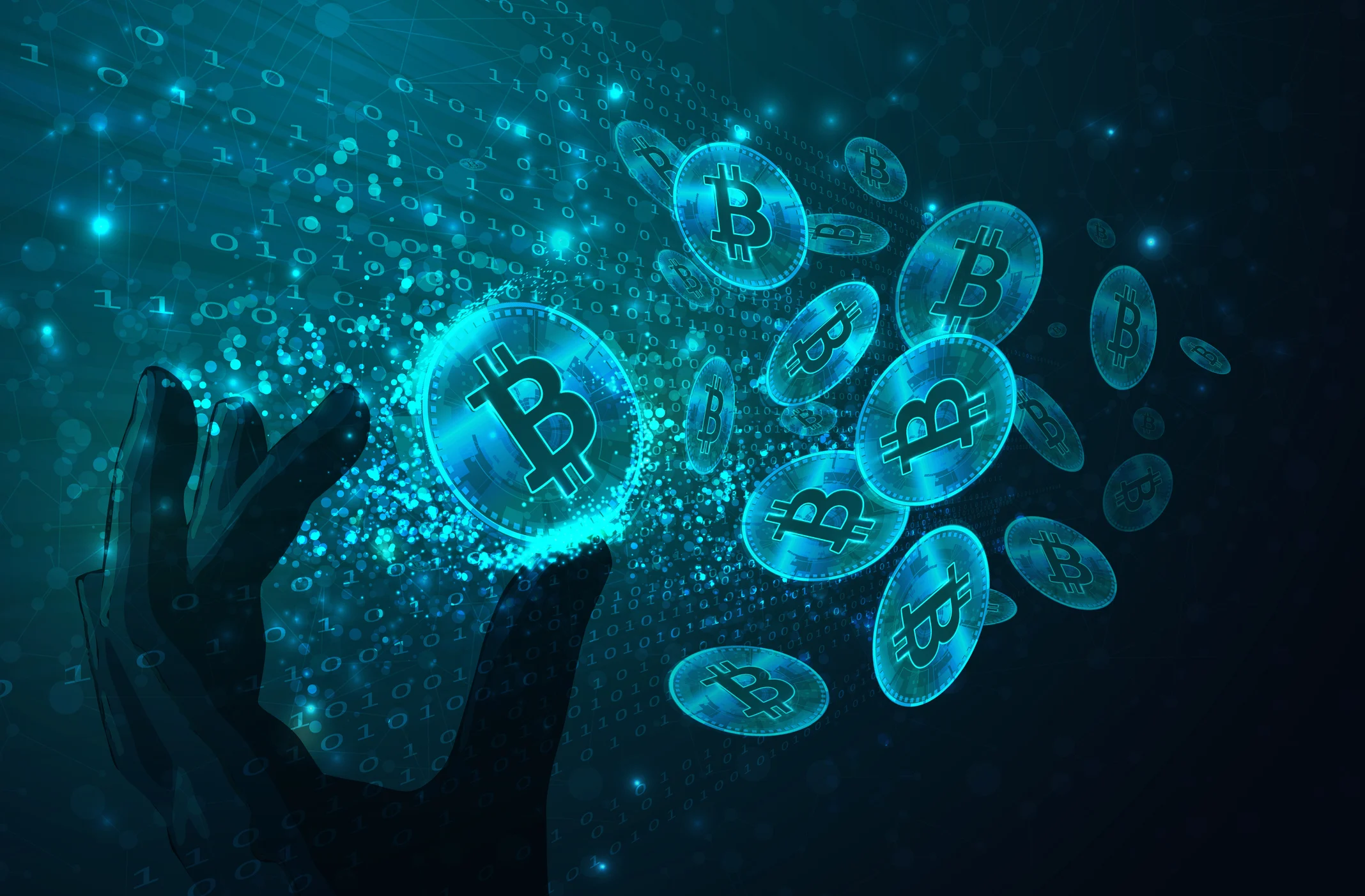Aqua blue Bitcoins floating and shimmering.