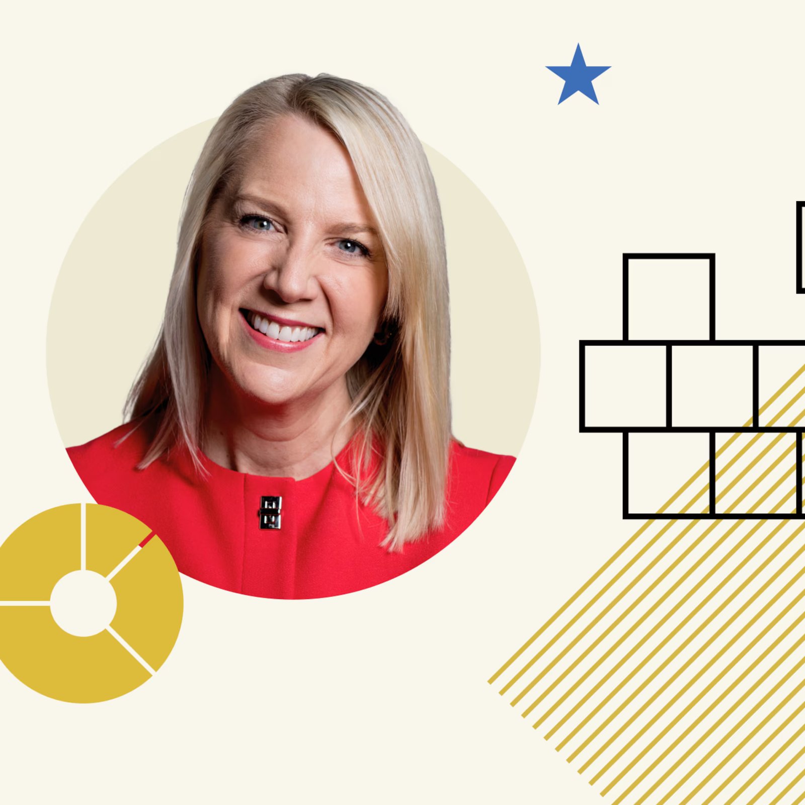 Photo collage illustration of Christine Benz with icons and shapes