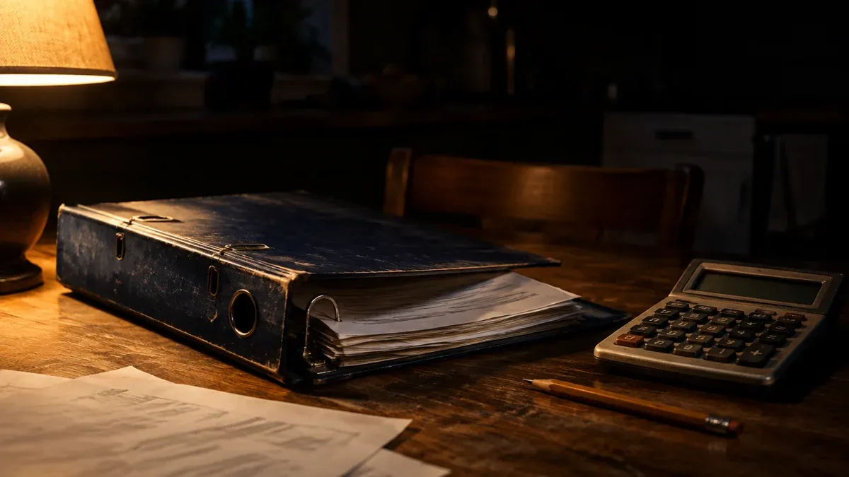 Tax folder open on a kitchen table, next to it a desk calculator with a blank display and a pencil in the light of a lamp