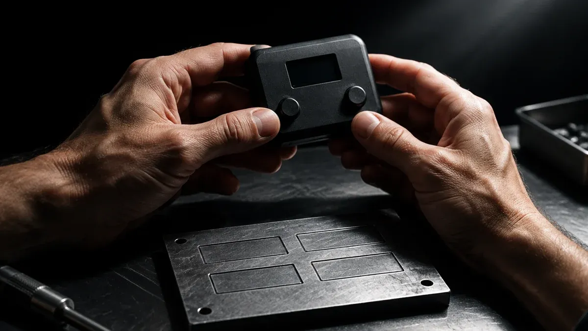 Unbranded hardware wallet in two hands, below it a steel plate with empty marking fields