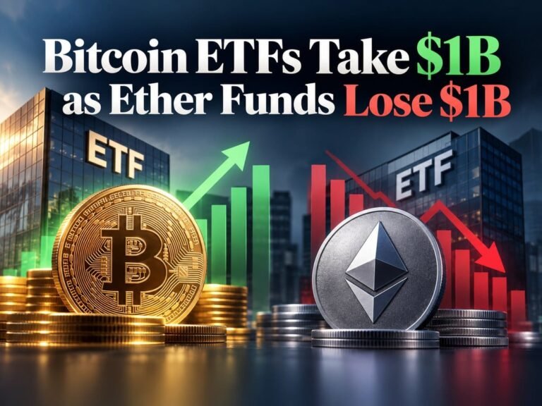 BTC USD: Bitcoin ETFs Take $1B as Ether Funds Lose $1B